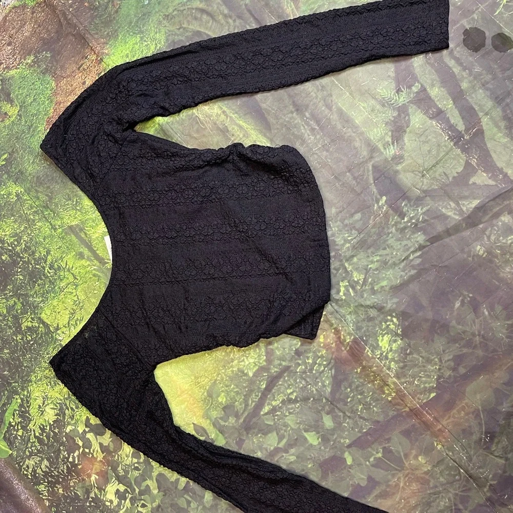 NWT Aeropostale Long Sleeve Ruched Stretch Lace Top Cropped Tight Babydoll